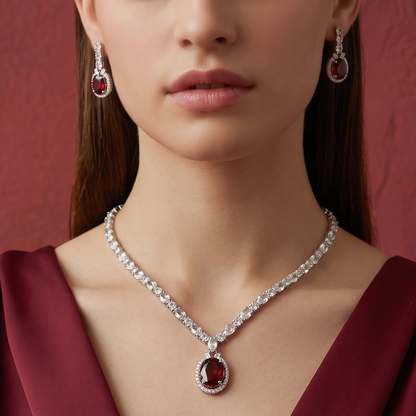 Silver Crystal Necklace Set with Garnet-Look Stone