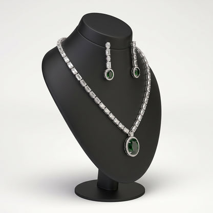 Silver Tennis Necklace Set with Green Oval Pendant