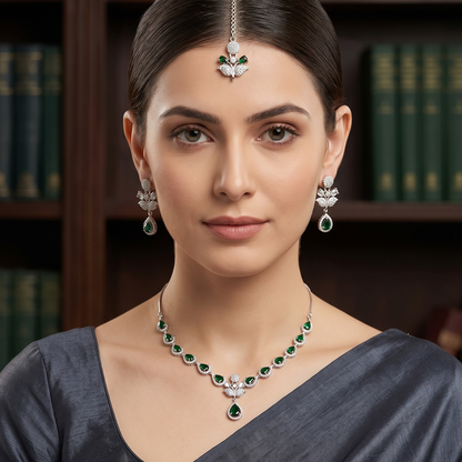Silver Green Stone Lotus Necklace, Earrings & Tikka Set