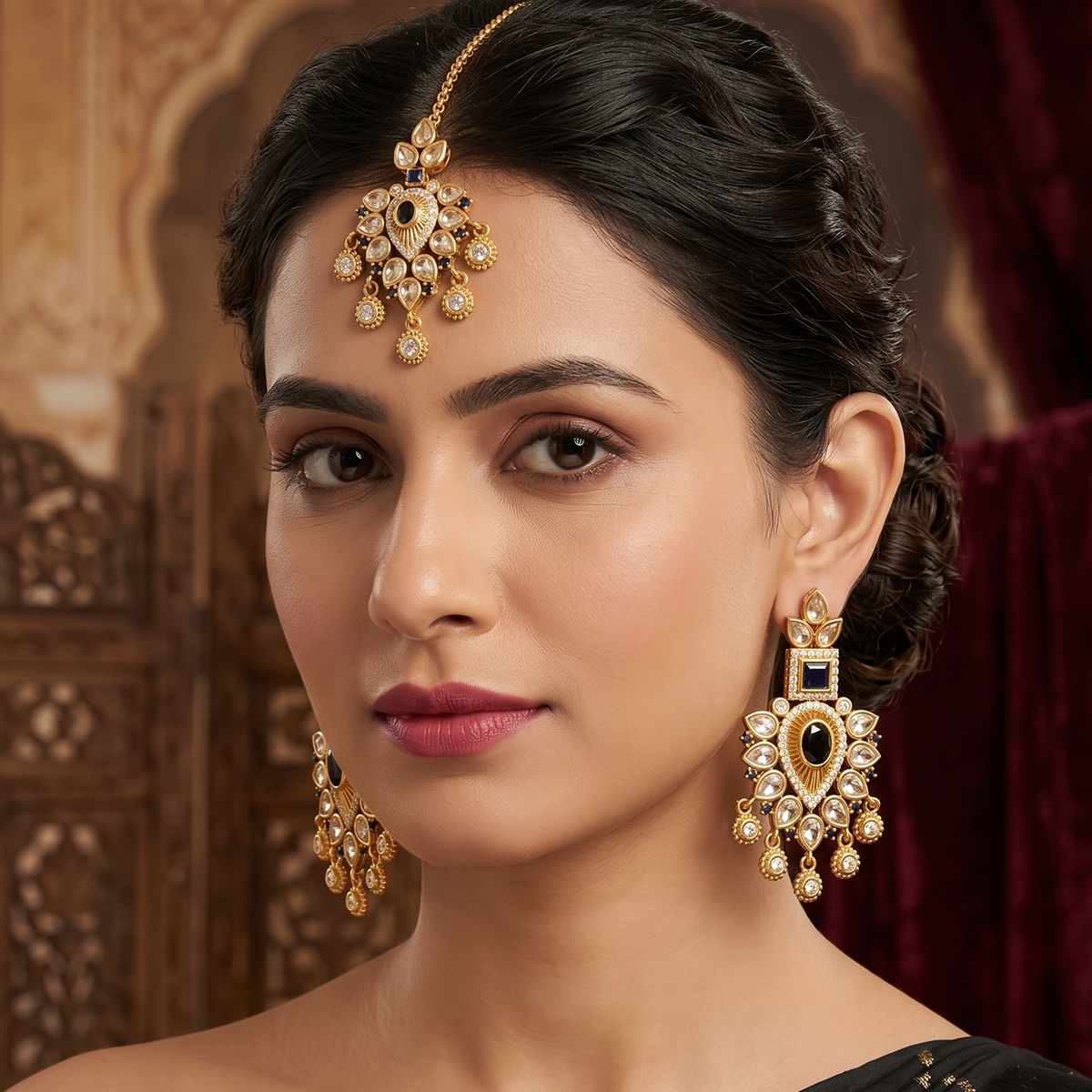 Kundan Pearl Drop Earrings with Tikka Set