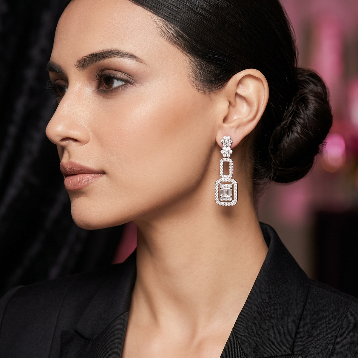 Silver Crystal Geometric Drop Earrings