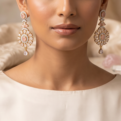 Gold Oval Crystal Medallion Drop Earrings