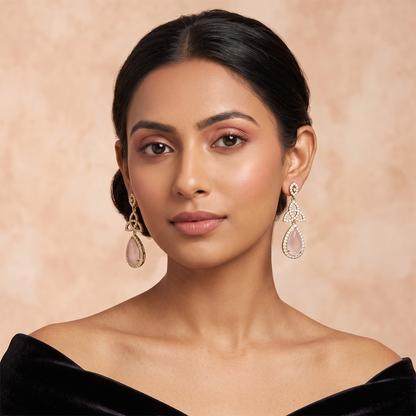Gold Trinity Knot Crystal Earrings with Pink Drop
