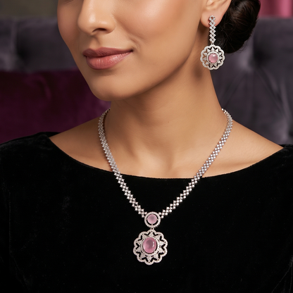 Silver Pink Stone Flower Pendant Necklace Set