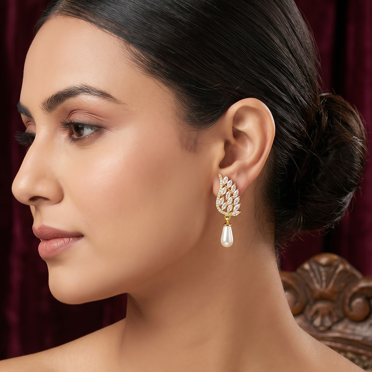 Gold Leaf Crystal Earrings with Pearl Drop
