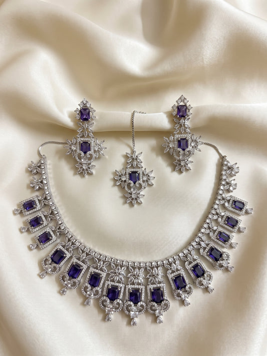 Silver Crystal Fringe Bridal Set with Purple Stones