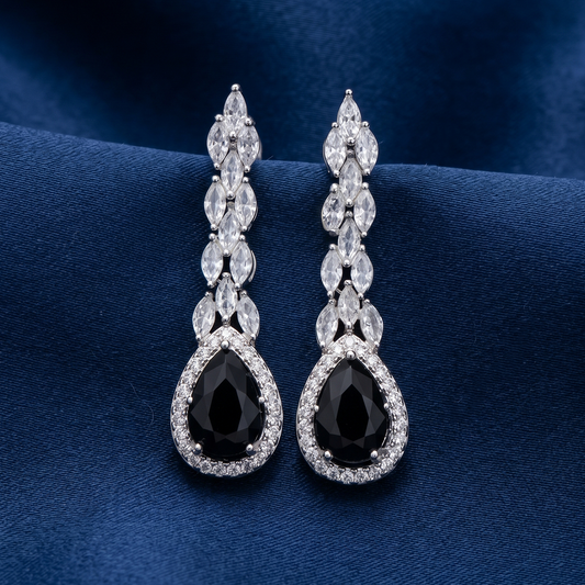 Silver & Black Onyx-Look Long Drop Earrings