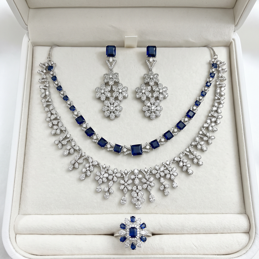 Silver Crystal Cluster Bridal Jewellery Set with Blue Stones