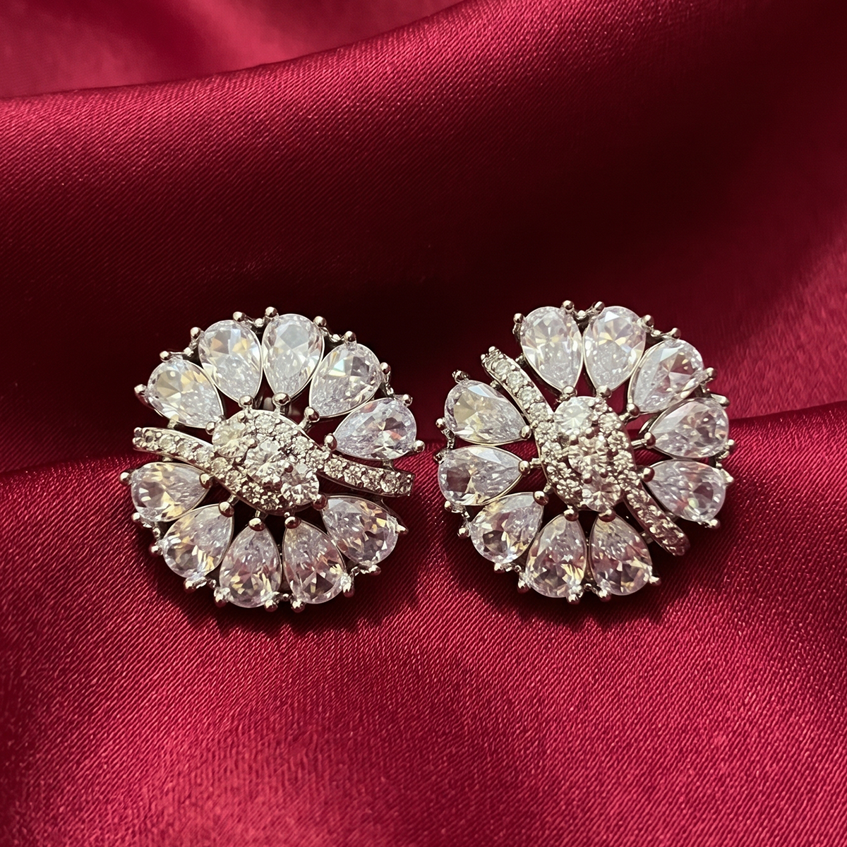 Silver Pear-Cut Crystal Floral Studs