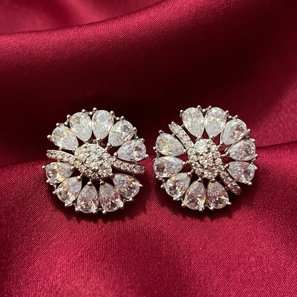 Silver Pear-Cut Crystal Floral Studs