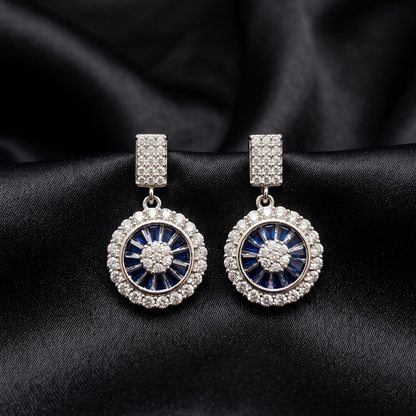 Silver Crystal Medallion Drop Earrings with Blue Stones