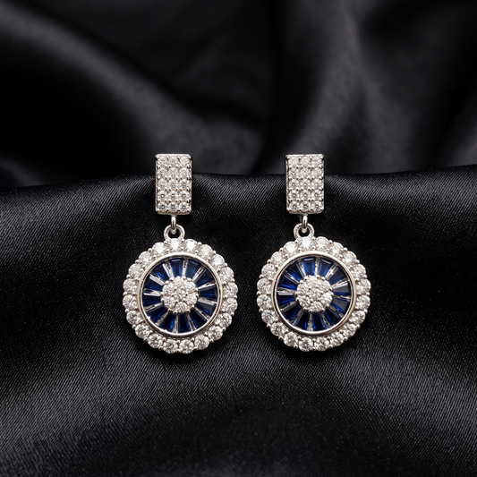 Silver Crystal Medallion Drop Earrings with Blue Stones