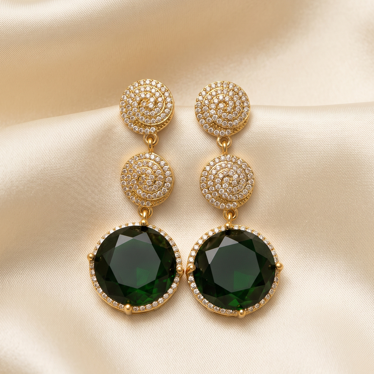 Gold Pavé Swirl Earrings with Green Stone Drop