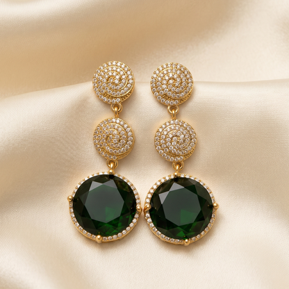 Gold Pavé Swirl Earrings with Green Stone Drop