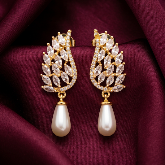 Gold Leaf Crystal Earrings with Pearl Drop