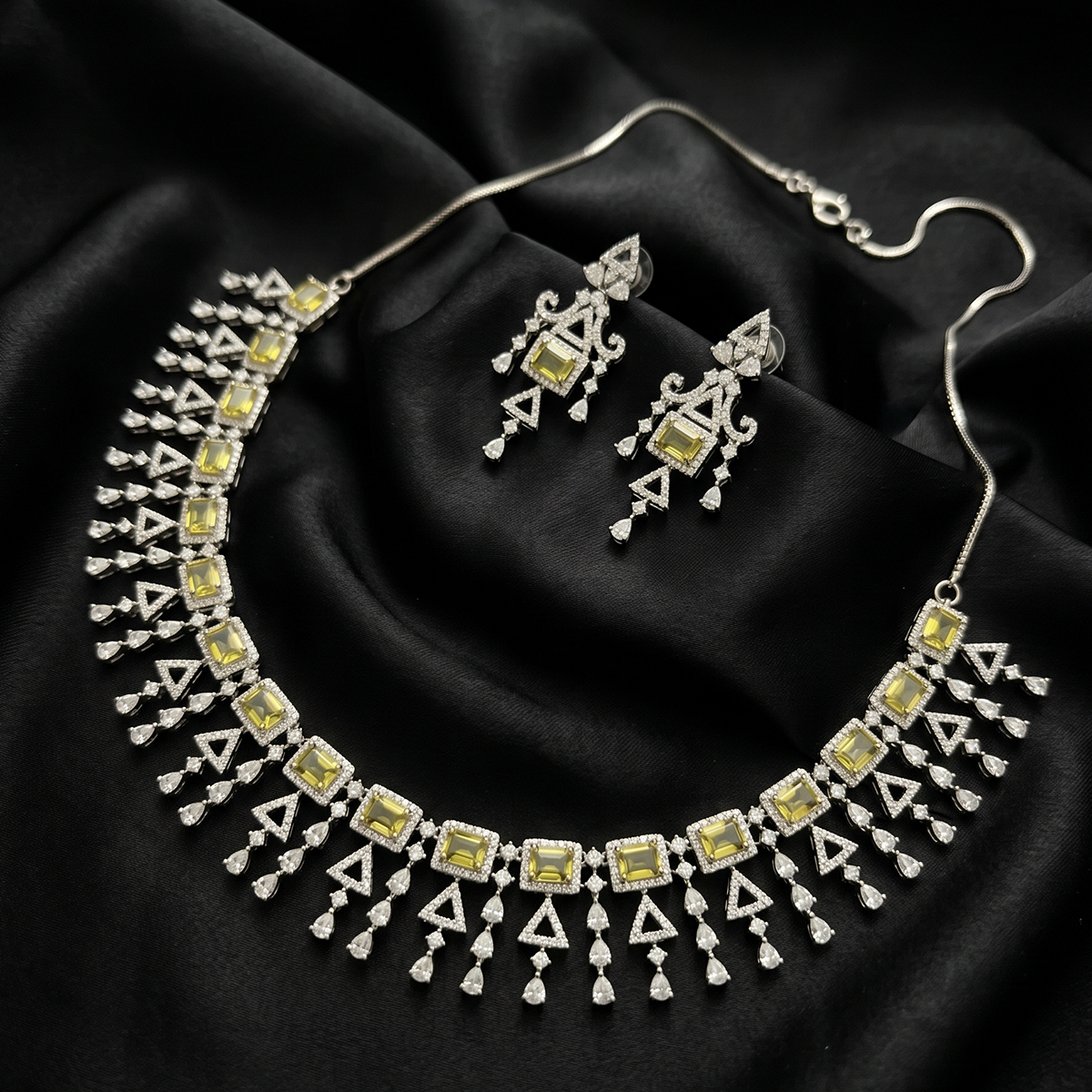 Silver Bridal Yellow Crystal Fringe Jewellery Set