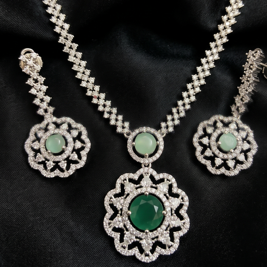 Silver Crystal Statement Necklace Set with Emerald-Look Stone