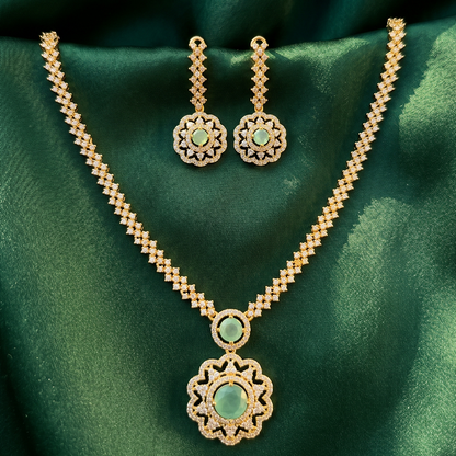 Gold Mint Stone Flower Pendant Necklace Set