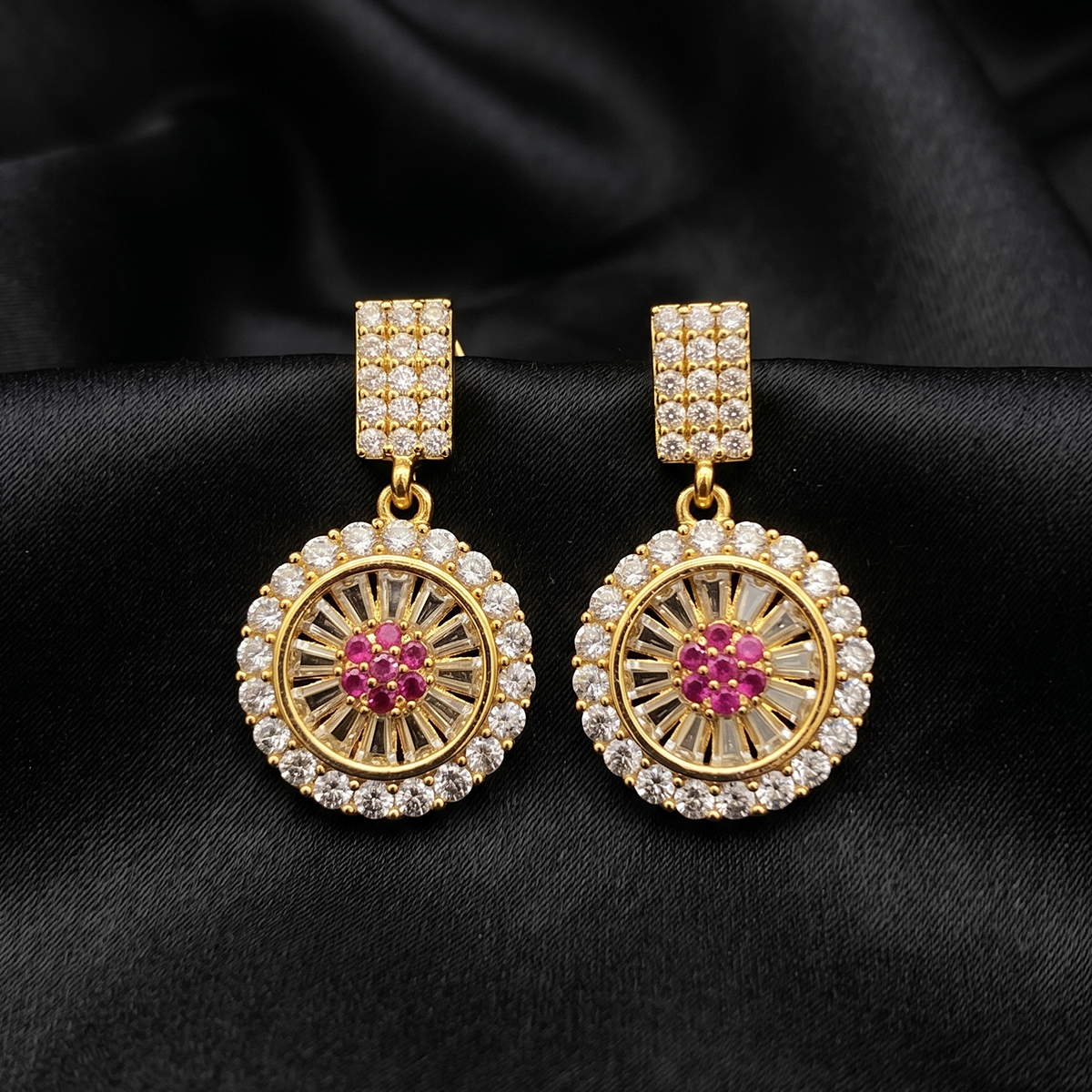 Gold Round Halo Drop Earrings with Ruby Center