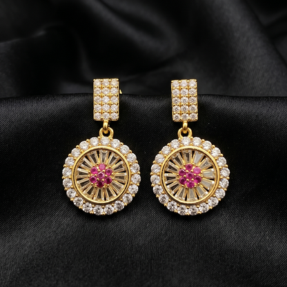 Gold Round Halo Drop Earrings with Ruby Center