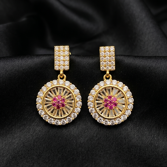 Gold Round Halo Drop Earrings with Ruby Center