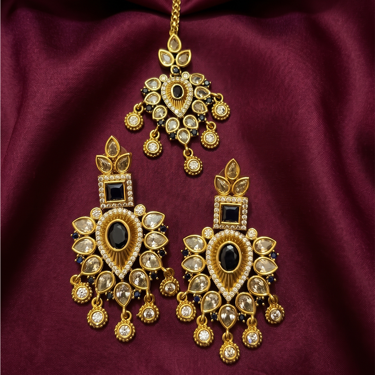 Kundan Pearl Drop Earrings with Tikka Set