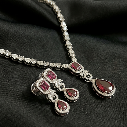 Silver Red Stone Pendant Necklace Set with Drop Earrings