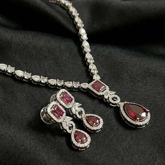 Silver Red Stone Pendant Necklace Set with Drop Earrings