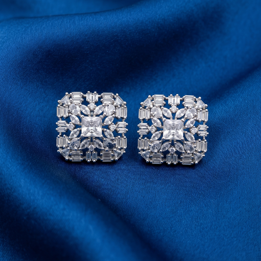 Silver Princess-Cut Statement Stud Earrings