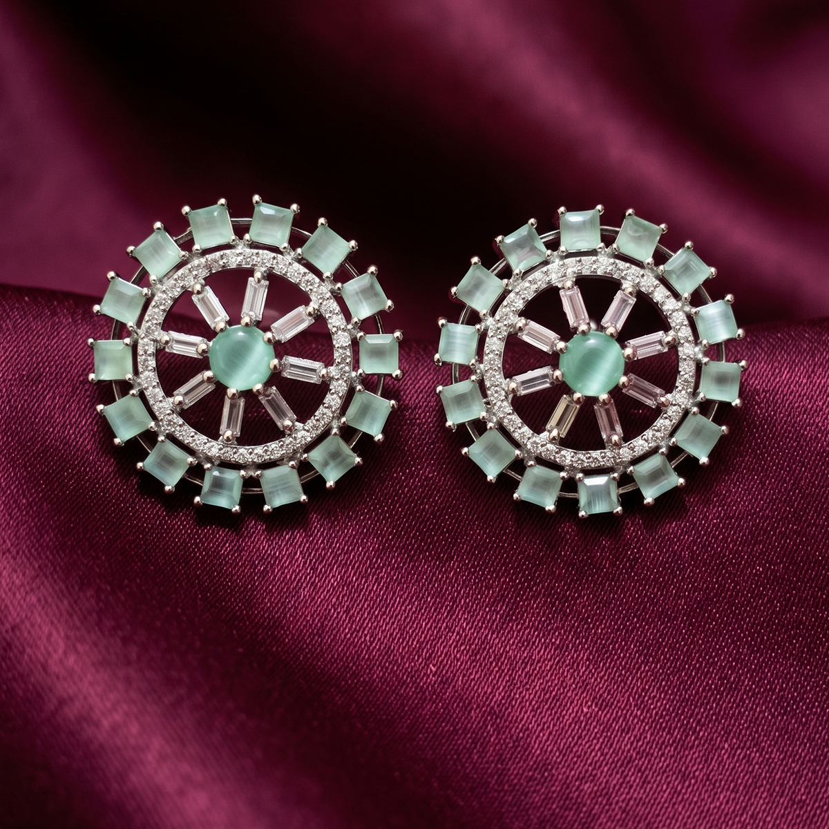Mint Green Sunburst Crystal Statement Studs