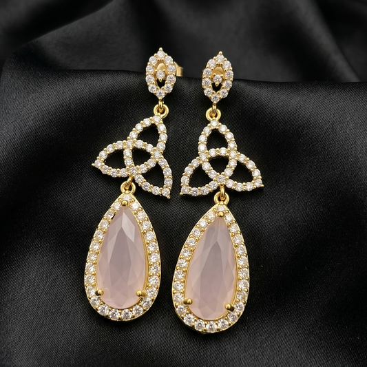 Gold Trinity Knot Crystal Earrings with Pink Drop