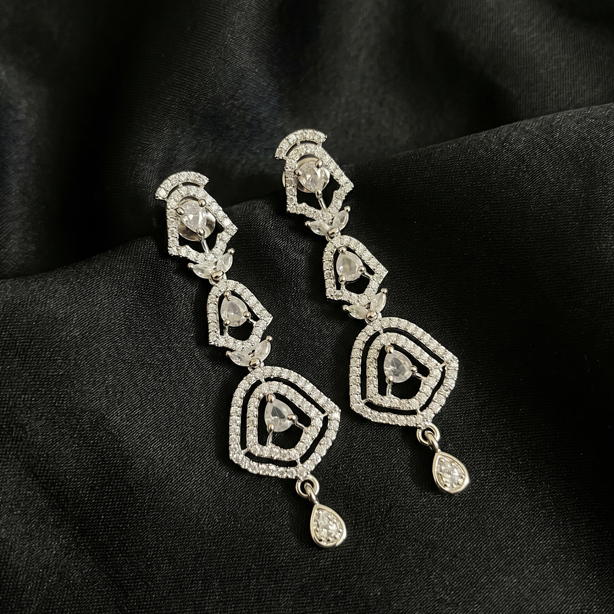 Silver Long Crystal Chandelier Earrings