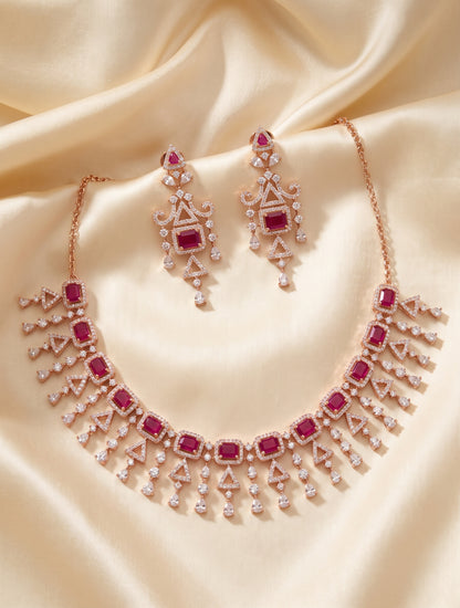 Rose Gold Ruby-Look Geometric Statement Necklace Set