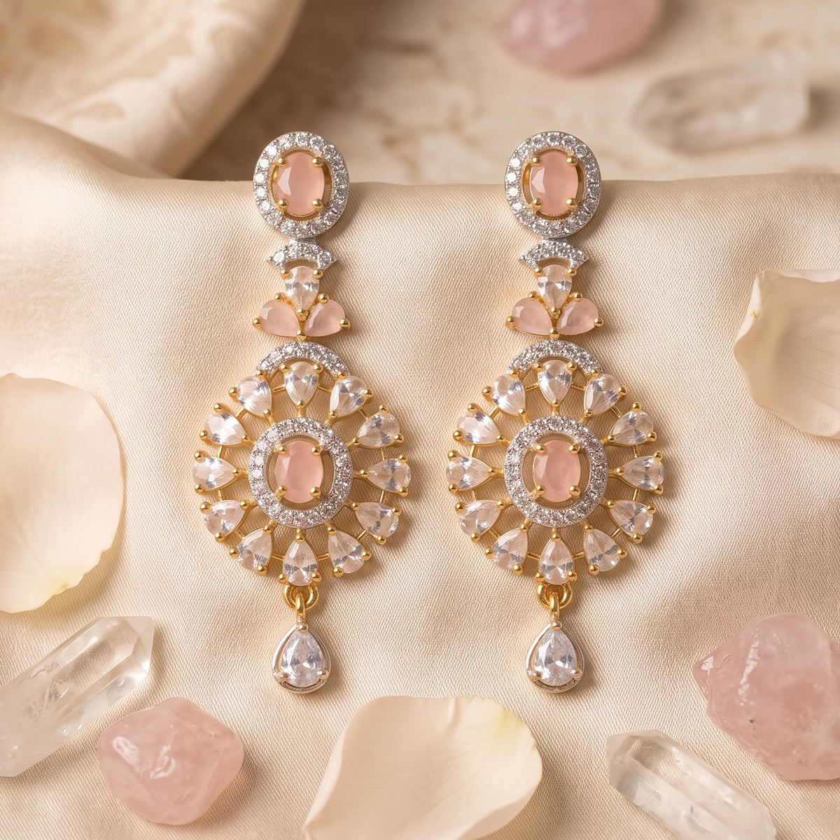 Gold Oval Crystal Medallion Drop Earrings