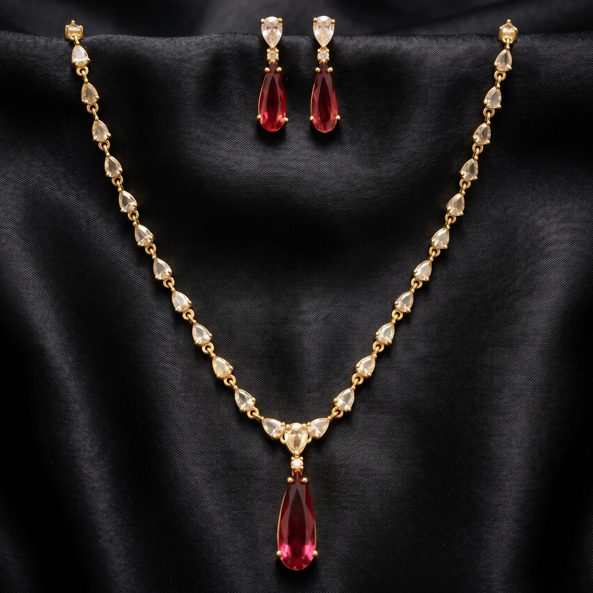 Gold Ruby Red Teardrop Necklace & Earrings Set