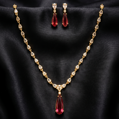 Gold Ruby Red Teardrop Necklace & Earrings Set