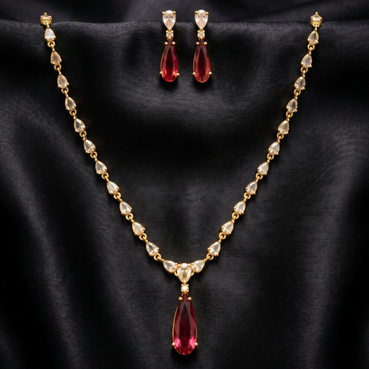 Gold Ruby Red Teardrop Necklace & Earrings Set