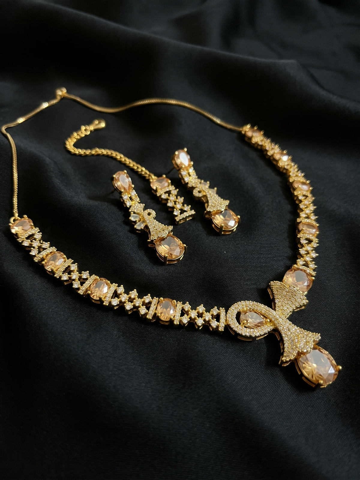 Gold Champagne Crystal Necklace, Earrings & Tikka Set