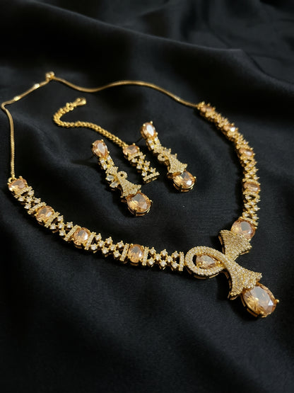 Gold Champagne Crystal Necklace, Earrings & Tikka Set