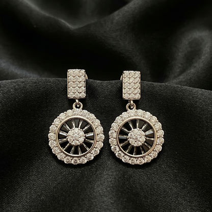 Silver Crystal Medallion Drop Earrings with Blue Stones