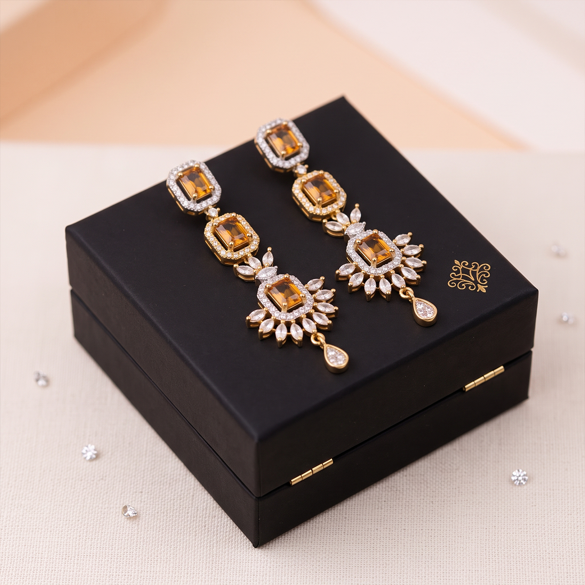 Gold Citrine-Look Emerald-Cut Drop Earrings