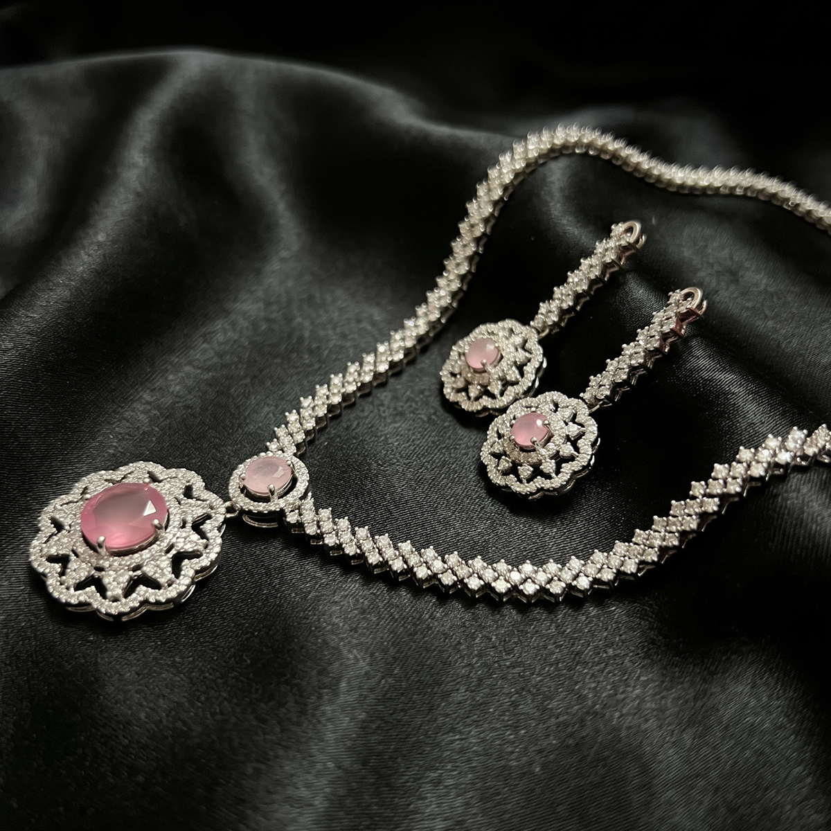 Silver Pink Stone Flower Pendant Necklace Set