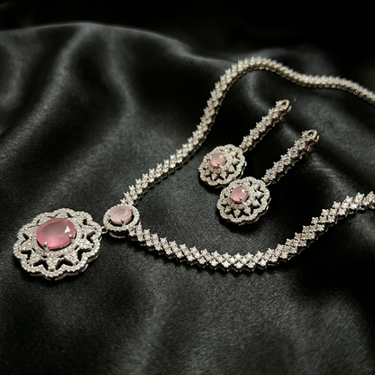 Silver Pink Stone Flower Pendant Necklace Set