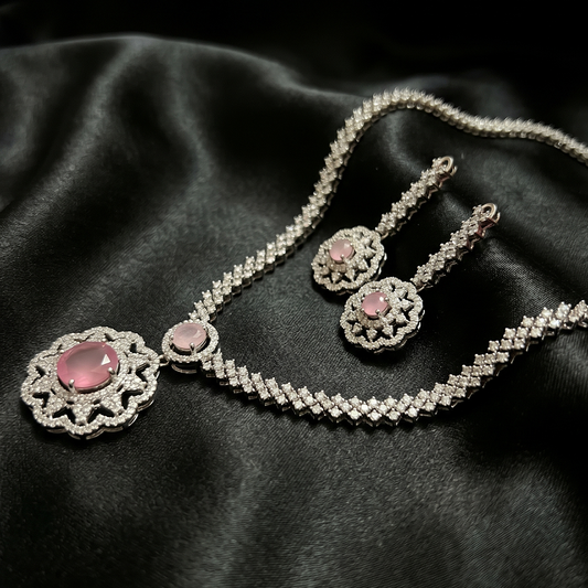 Silver Pink Stone Flower Pendant Necklace Set