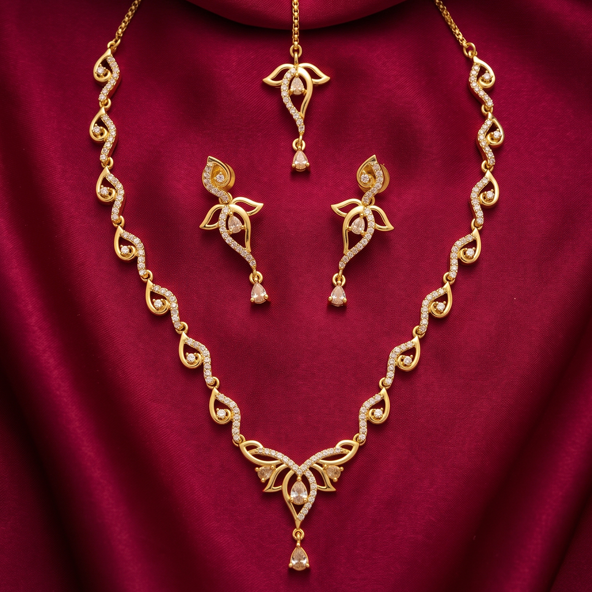 Gold Delicate Crystal Jewellery Set with Tikka