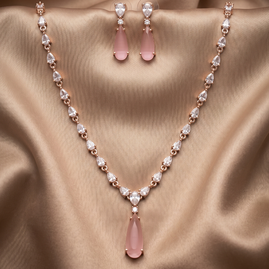 Blush Pink Stone Necklace Set with Drop Earrings