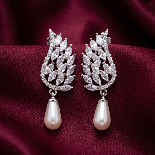 Silver Leaf Crystal Earrings with Pearl Drop
