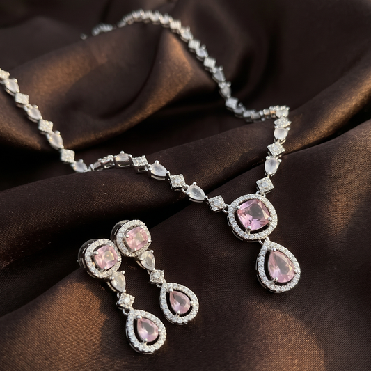 Silver Blush Pink Two-Tier Pendant Necklace Set