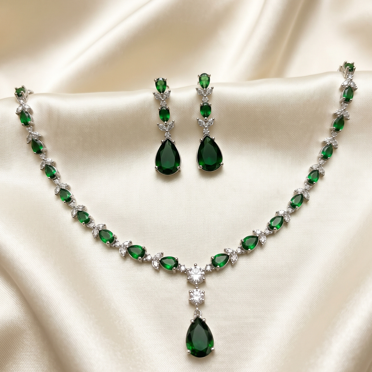Silver Bridal Green Stone Statement Necklace Set