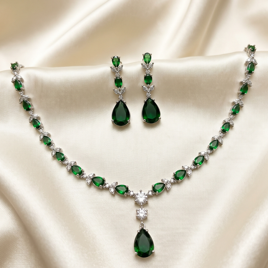 Silver Bridal Green Stone Statement Necklace Set